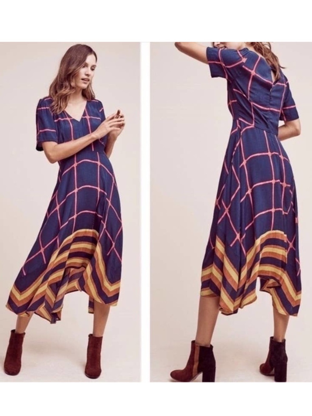 Anthropologie HD in Paris Women’s 2 Navy Blue  Pink Striped Pane Midi Dress
